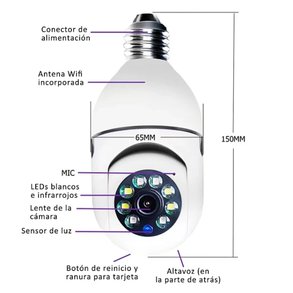 Cámara de Seguridad Forma De Ampolleta Con Visión Nocturna HD 1080P Modelo PTZ - Imagen 3