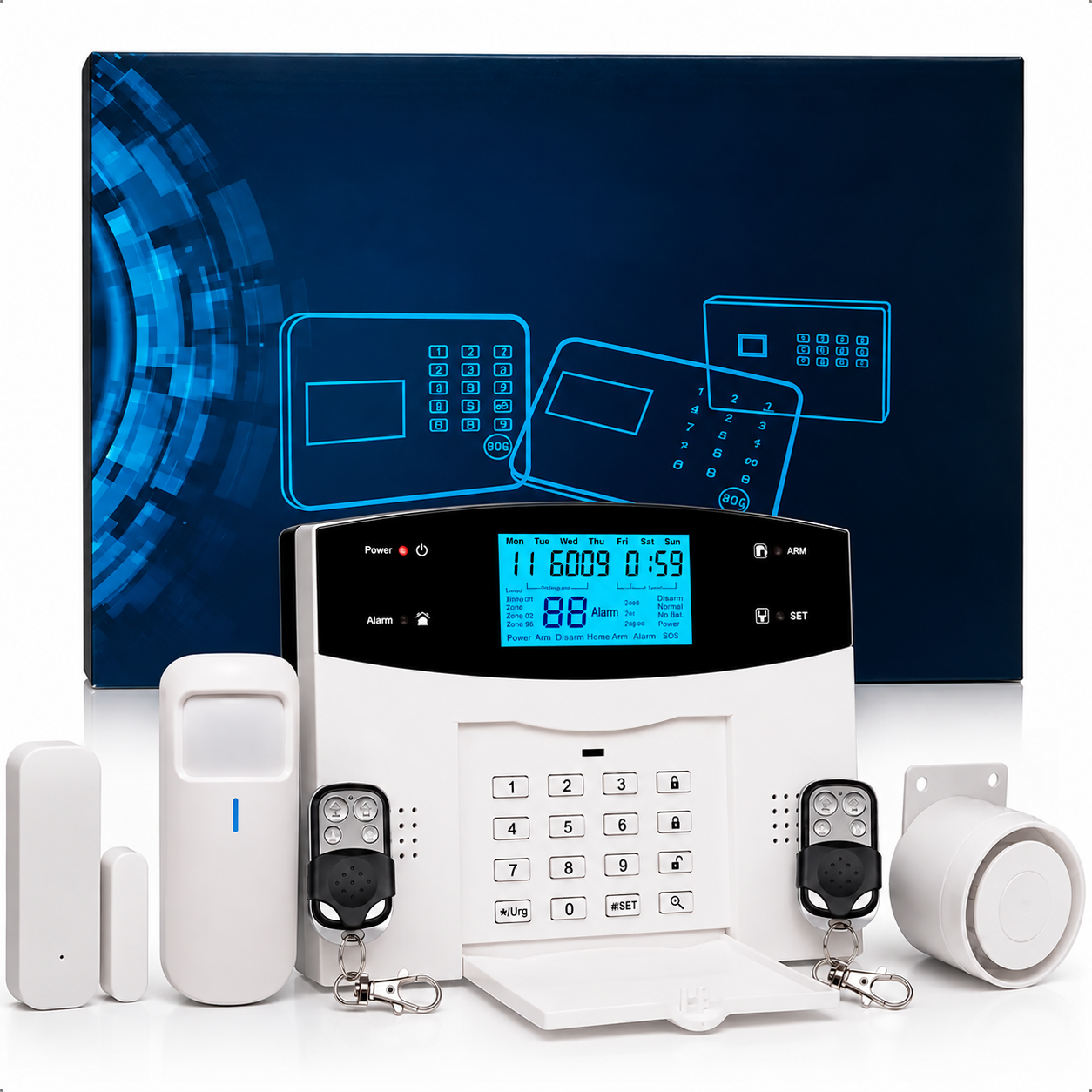 Home kit de alarma apollo sobre caja azul