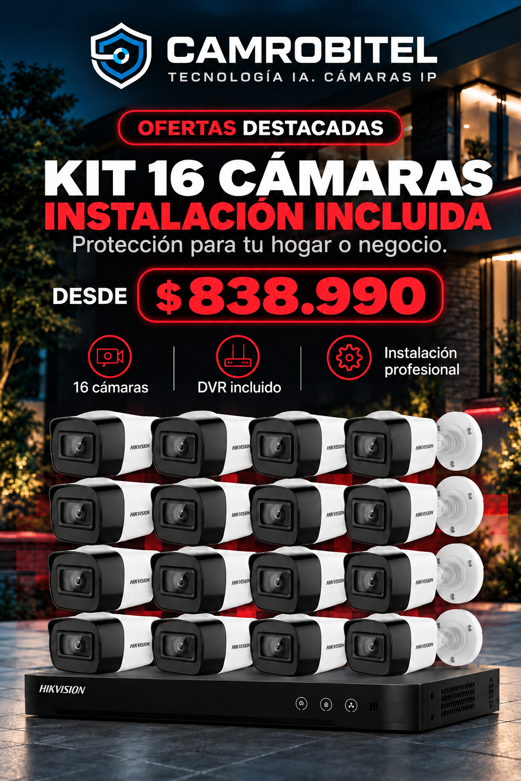 Oferta Camrobitel: kit de 16 cámaras con instalación incluida, azul para móvil.