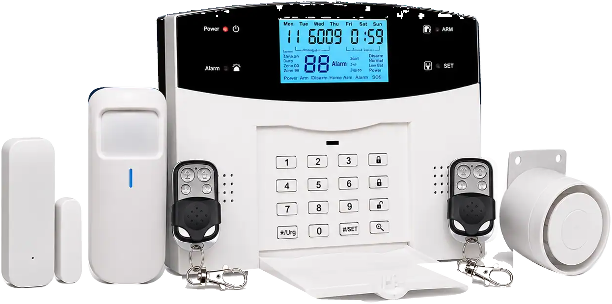 Central, sensores, controles y sirena del kit de alarma Apolo