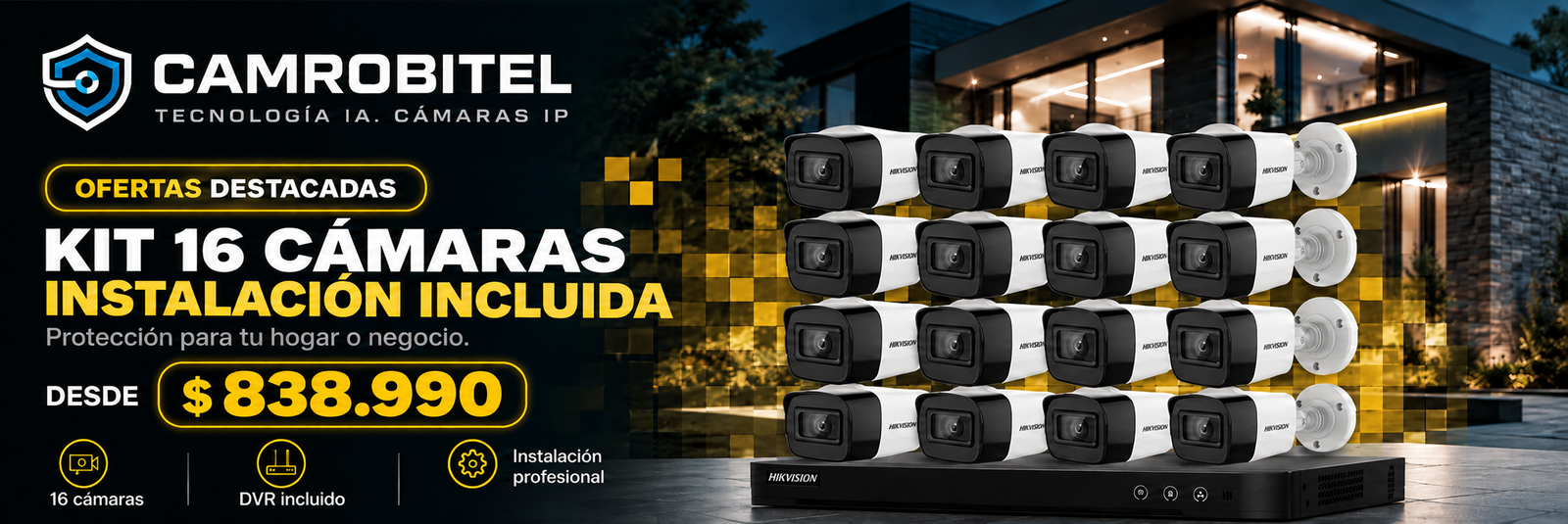 Oferta Camrobitel: kit de 16 cámaras con instalación incluida, amarillo para PC.